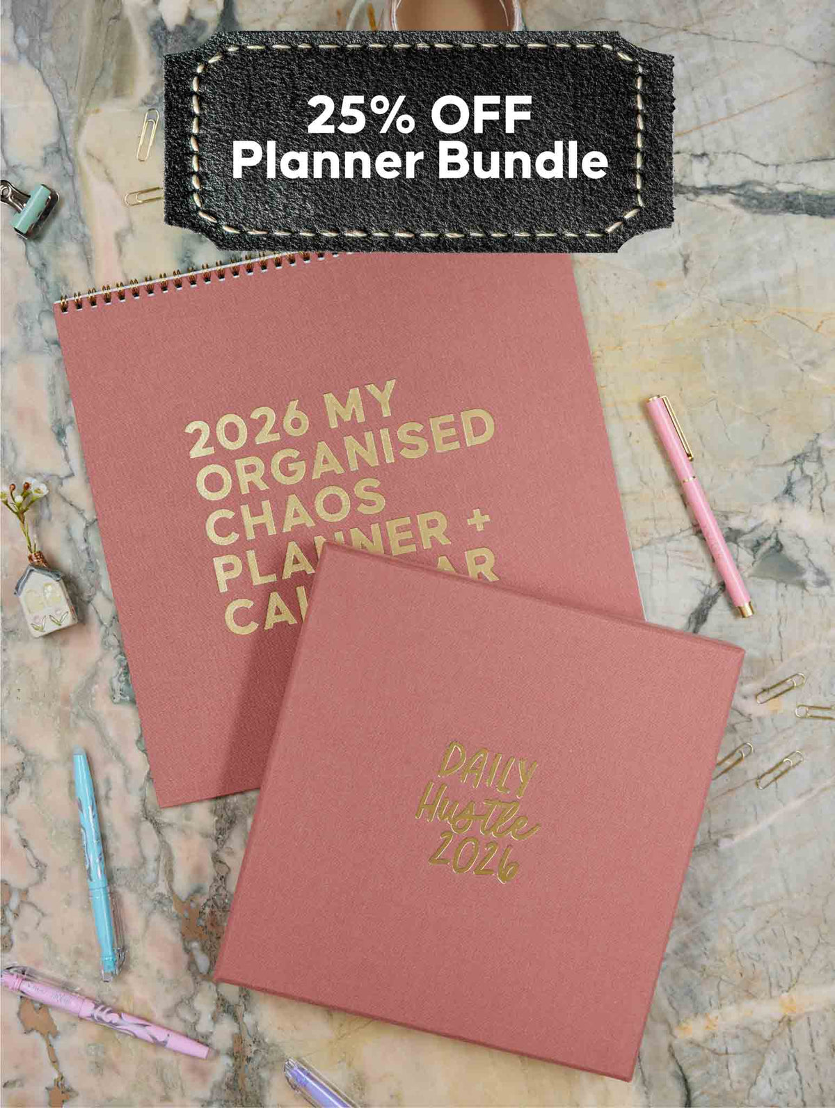 2026 Linen Calendar + Daily Hustle Planner. Rose