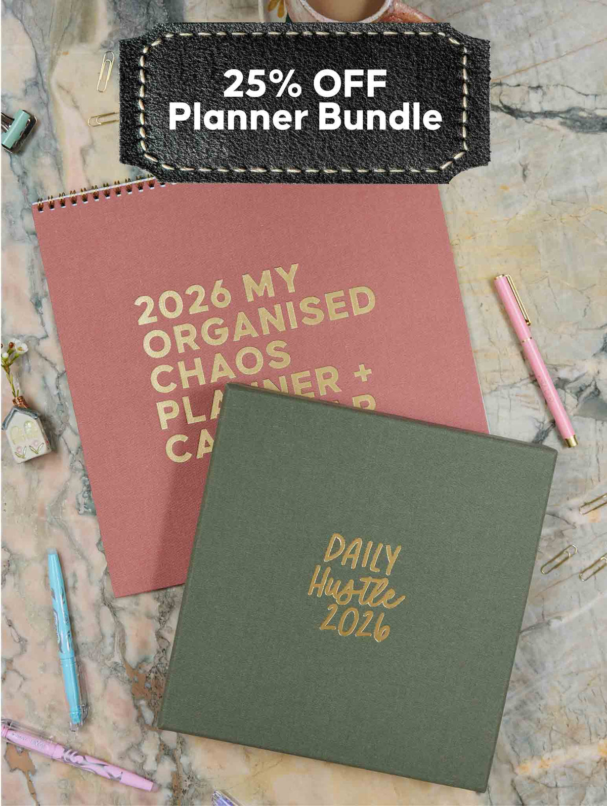 2026 Linen Calendar Rose + Daily Hustle Planner Pistachio