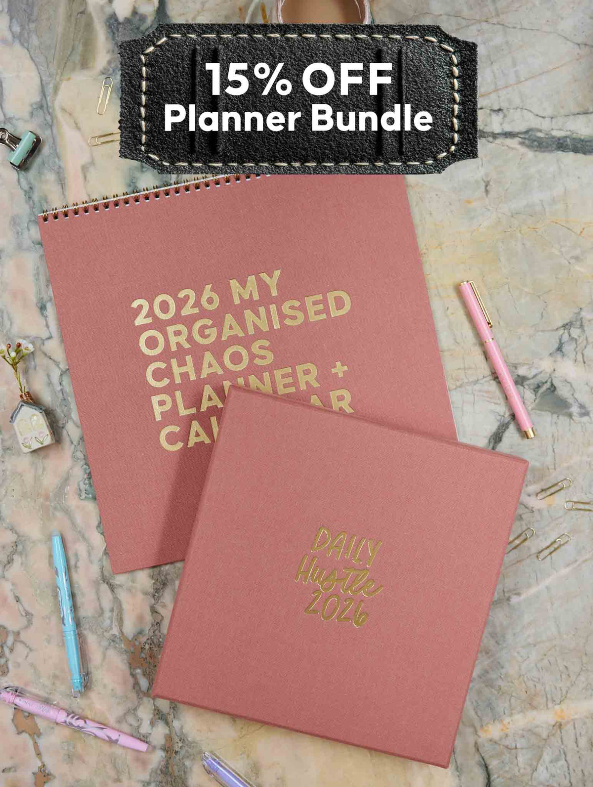 2026 Linen Calendar + Daily Hustle Planner. Rose