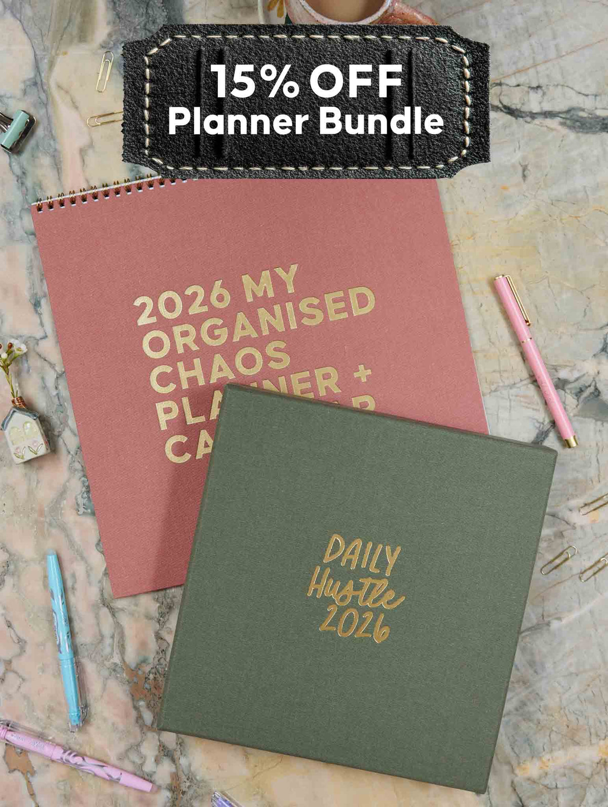 2026 Linen Calendar Rose + Daily Hustle Planner Pistachio