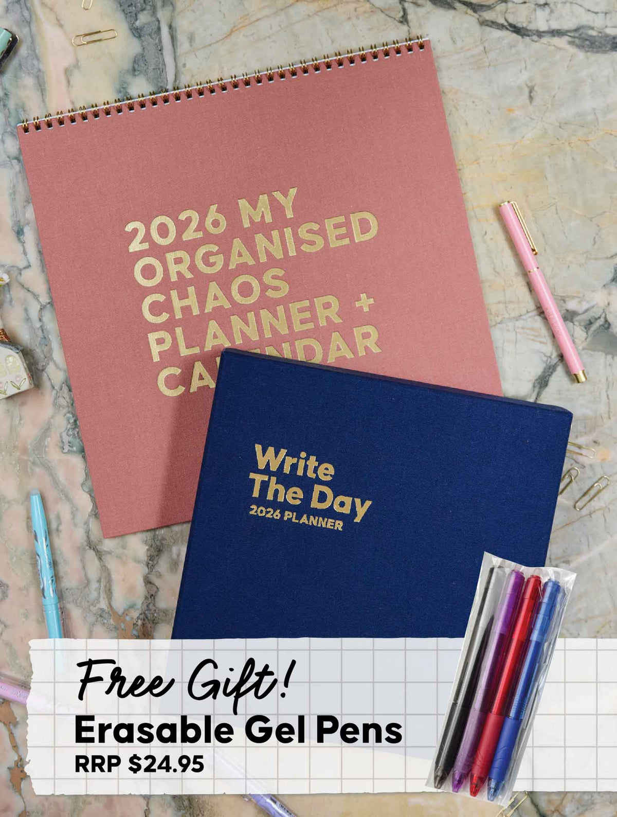 2026 Linen Calendar Rose + Write The Day Planner Navy + FREE PEN PACK!