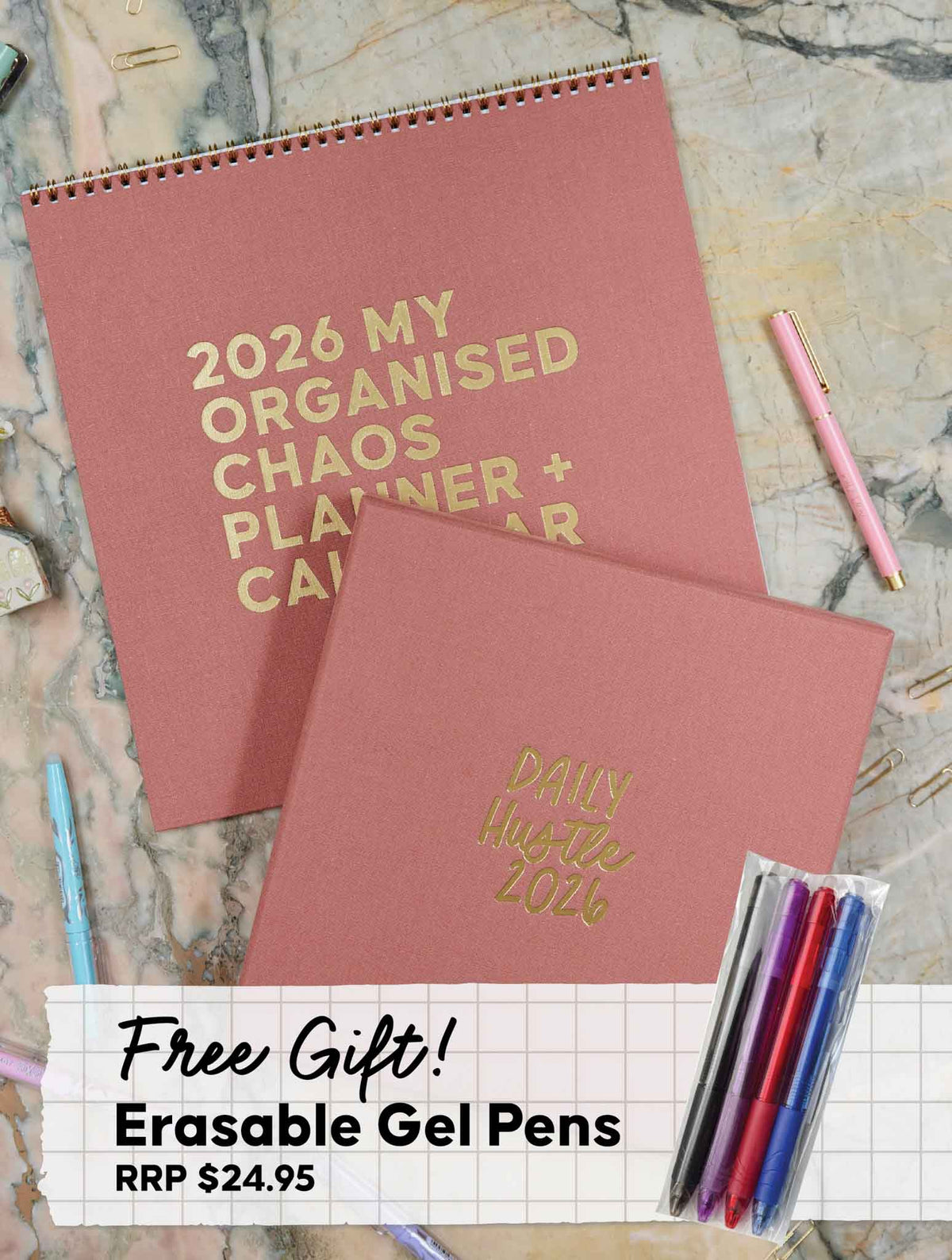 2026 Linen Calendar + Daily Hustle Planner. Rose + FREE PEN PACK!