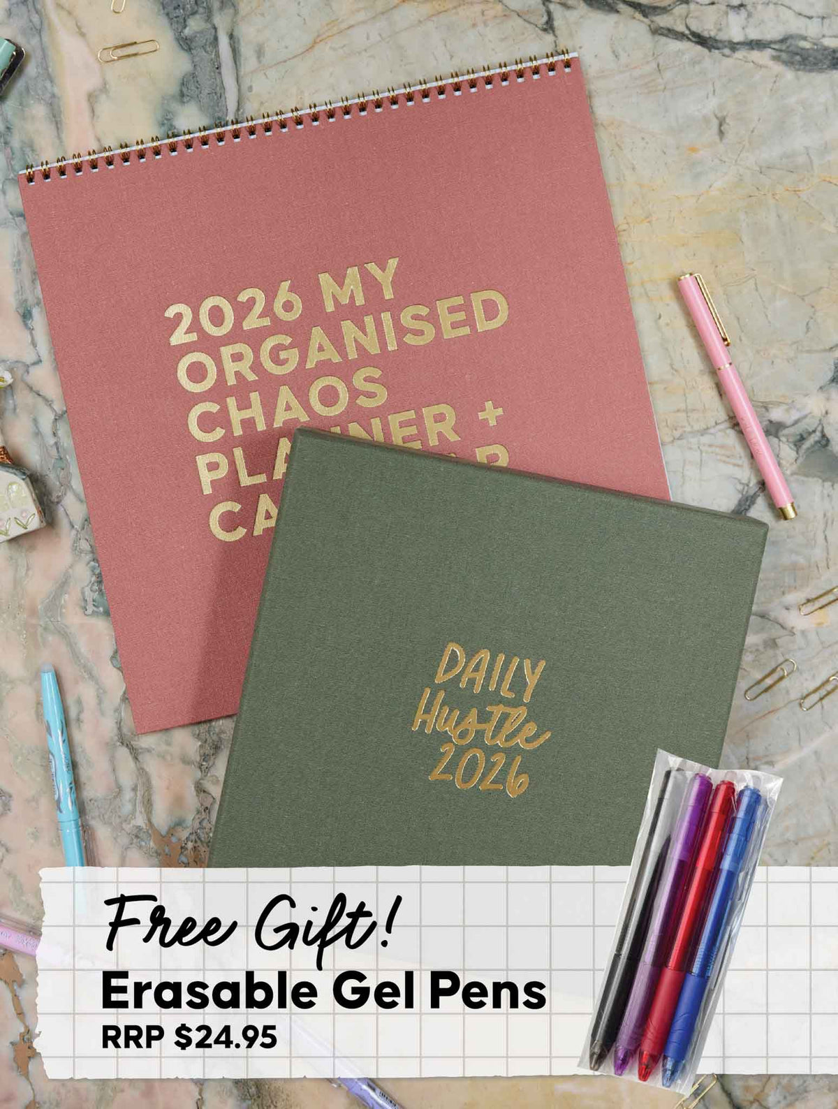 2026 Linen Calendar Rose + Daily Hustle Planner Pistachio + FREE PEN PACK!