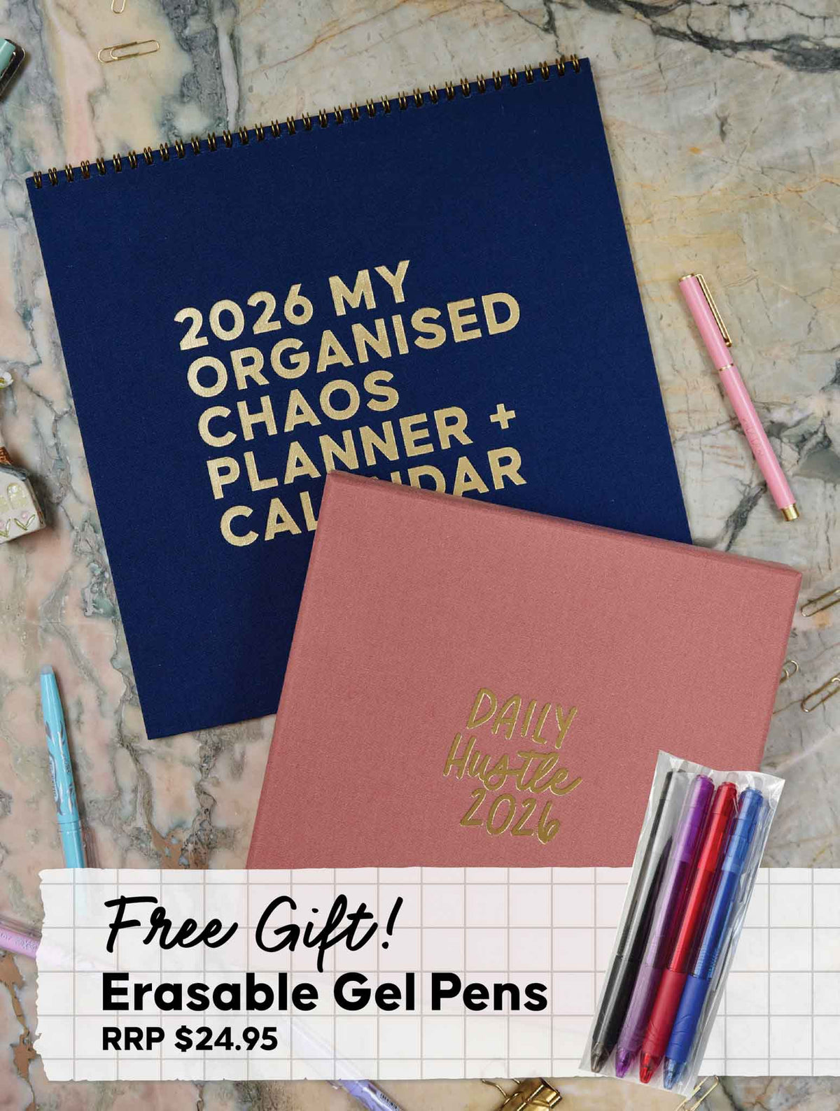 2026 Linen Calendar Navy + Daily Hustle Rose + FREE PEN PACK!