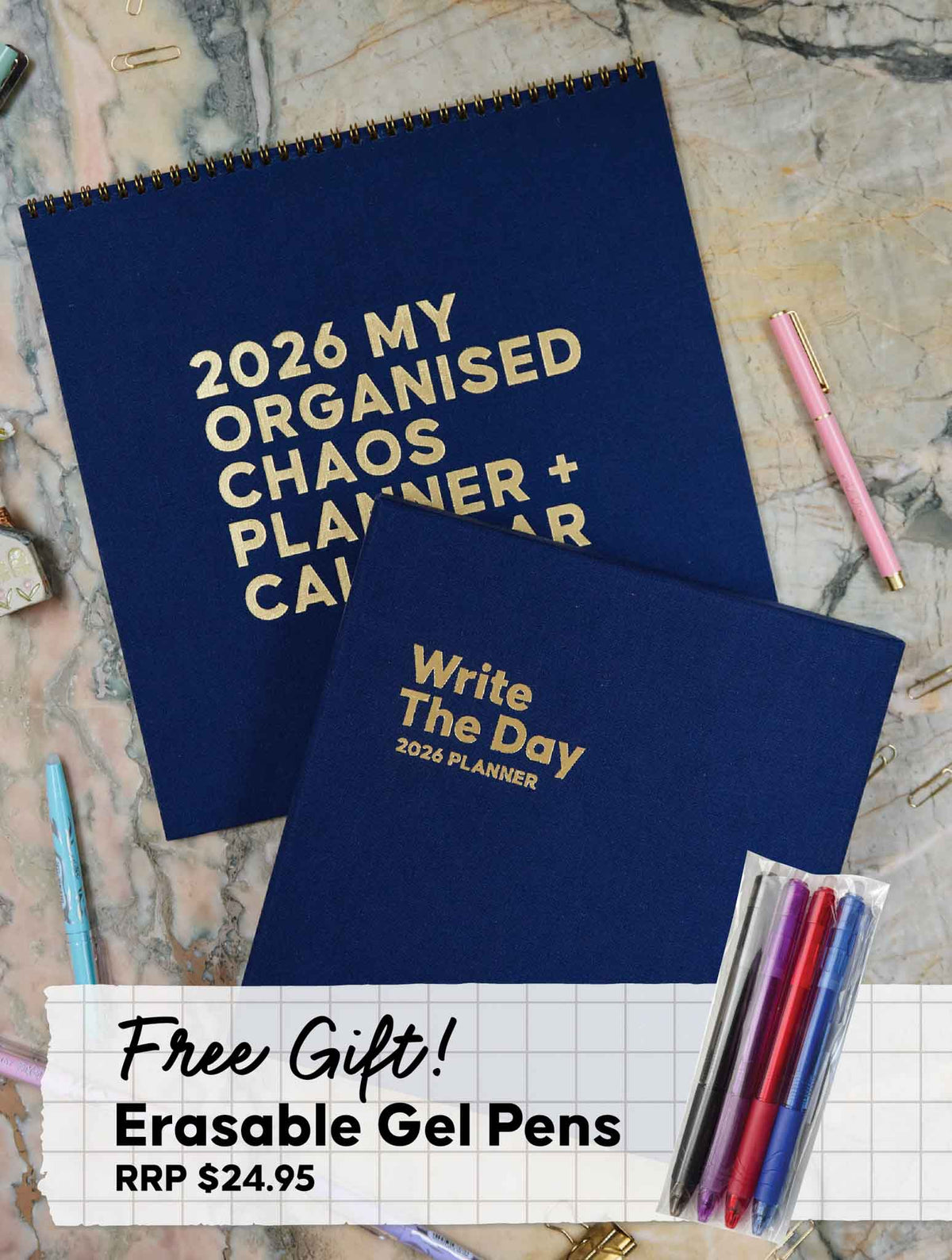 2026 Linen Calendar + Write The Day Planner. Navy + FREE PEN PACK!