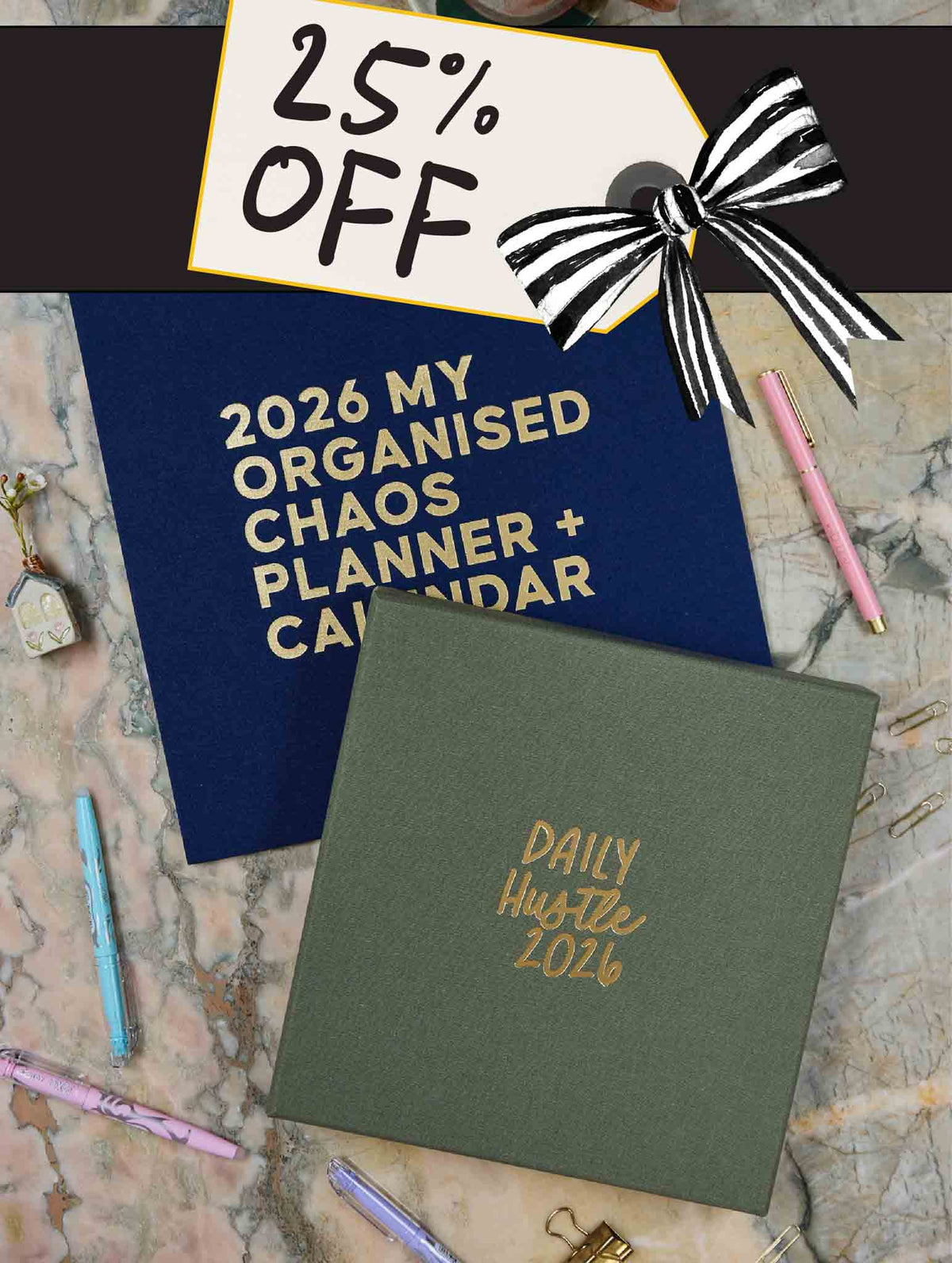 2026 Linen Calendar Navy + Daily Hustle Pistachio