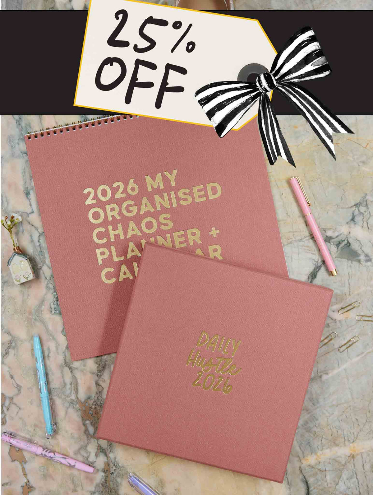 2026 Linen Calendar + Daily Hustle Planner. Rose