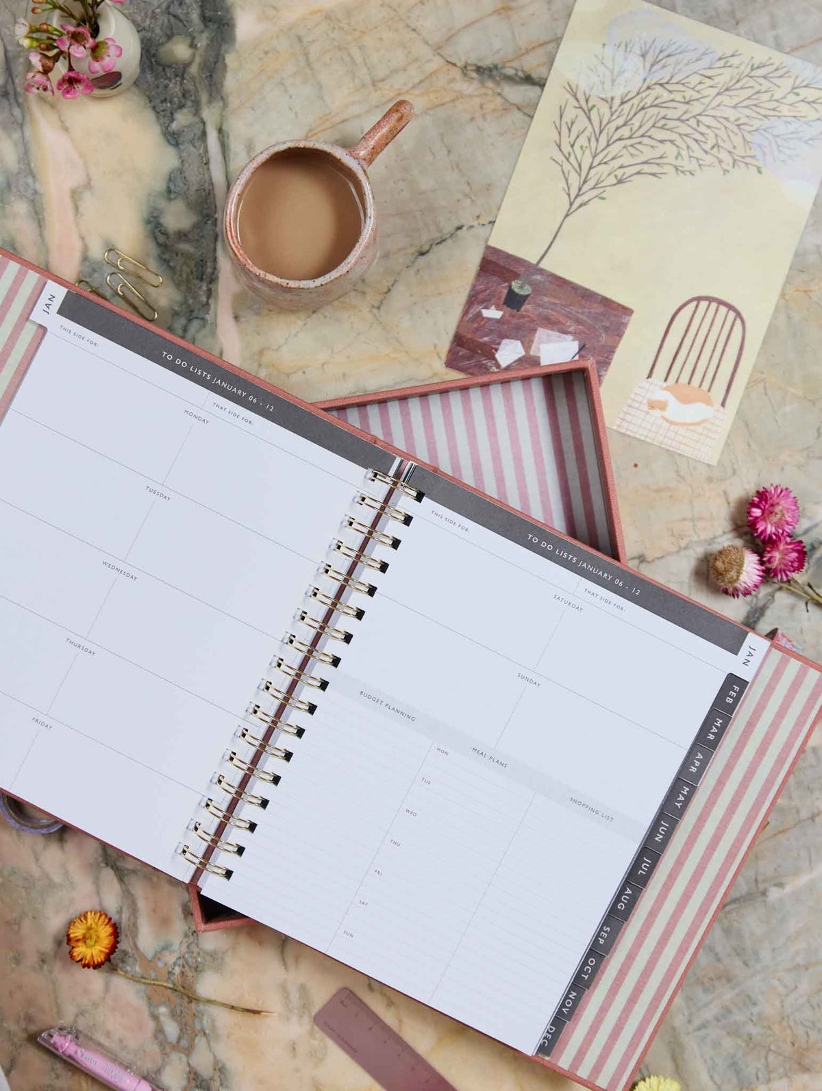 2026 Linen Calendar + Daily Hustle Planner. Rose + FREE PEN PACK!