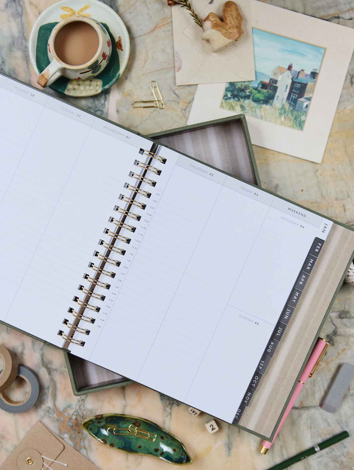 2026 Linen Calendar Navy + Daily Hustle Pistachio