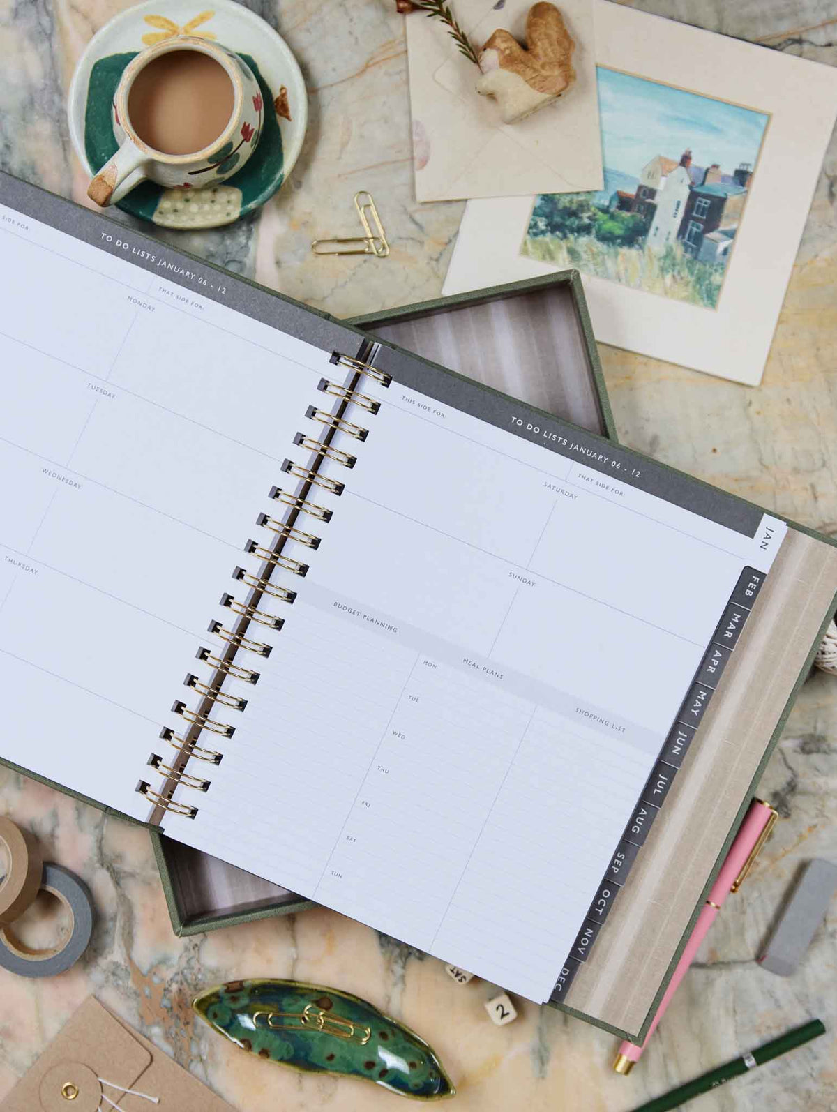 2026 Linen Calendar Navy + Daily Hustle Pistachio