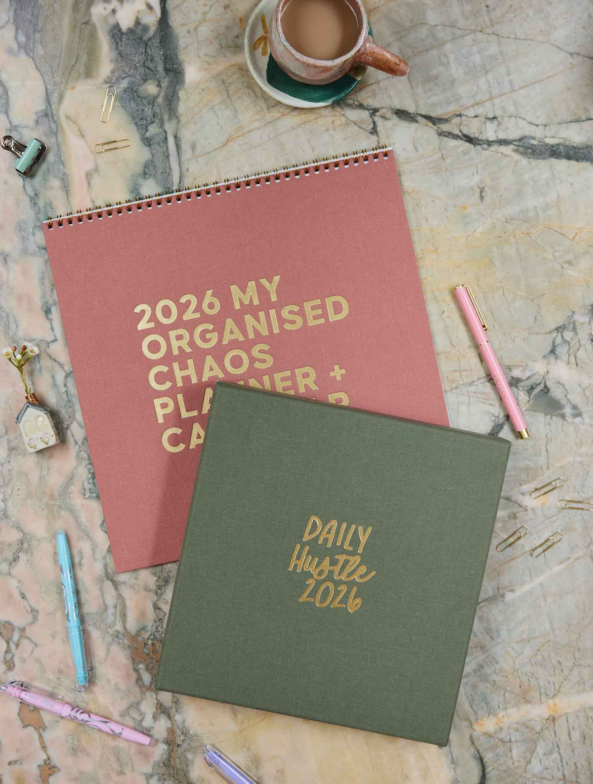 2026 Linen Calendar Rose + Daily Hustle Planner Pistachio