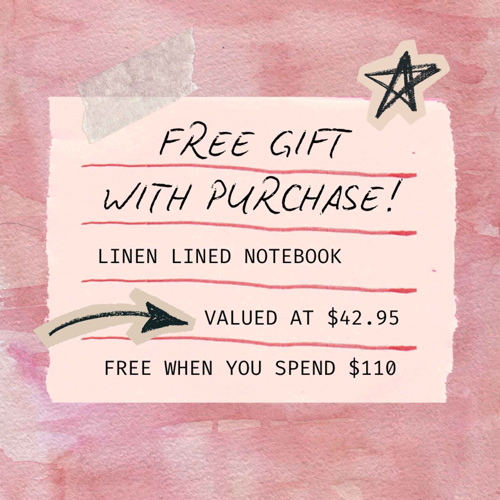 Free Linen Lined notebook when you spend $110.
