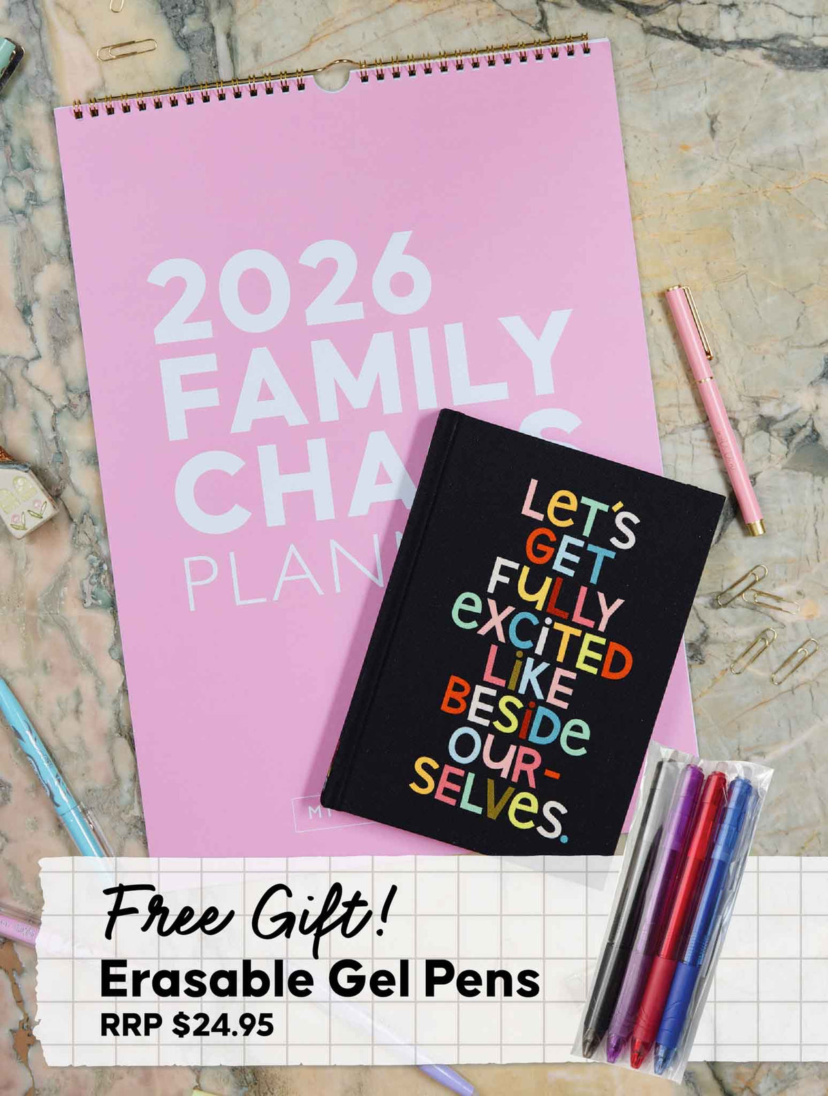 2026 Family Chaos Planner + Weekly Planner. Let's Get Excited Bundle + FREE PEN PACK!