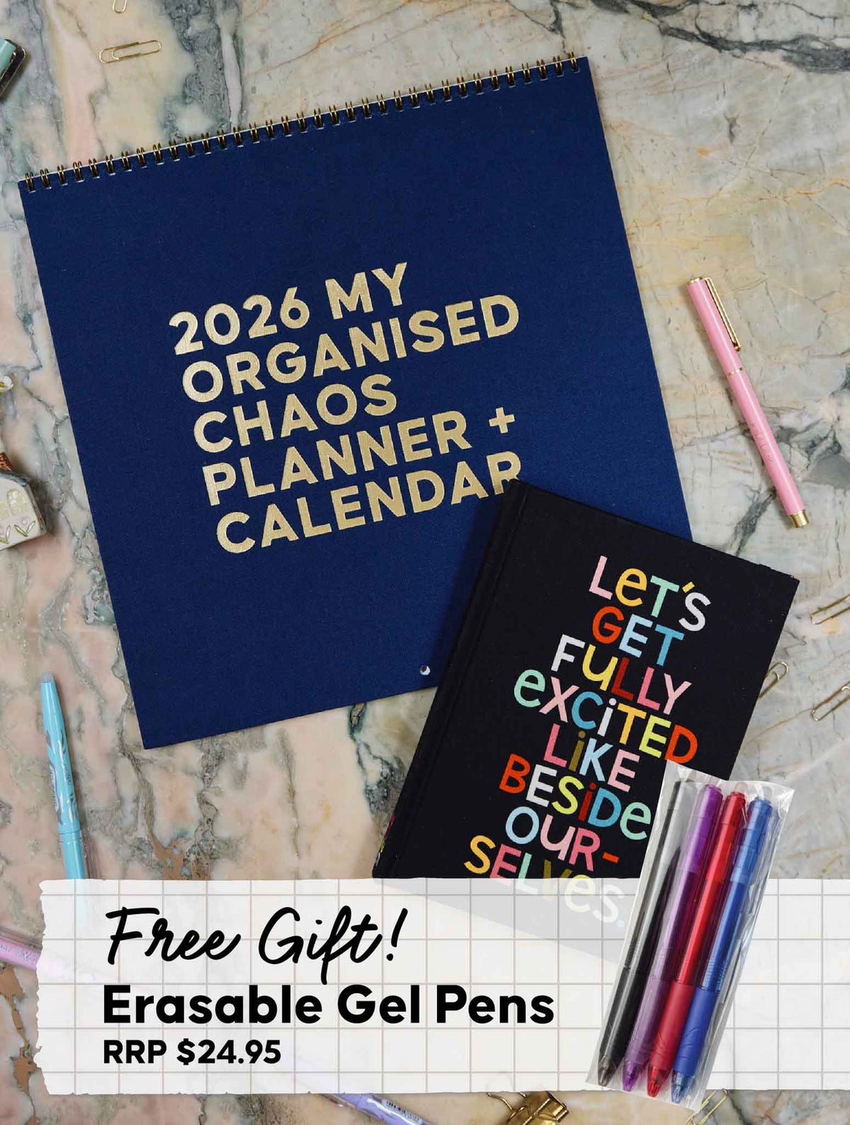 2026 Linen Planner Navy + Weekly Planner. Let's Get Excited Bundle + FREE PEN PACK!