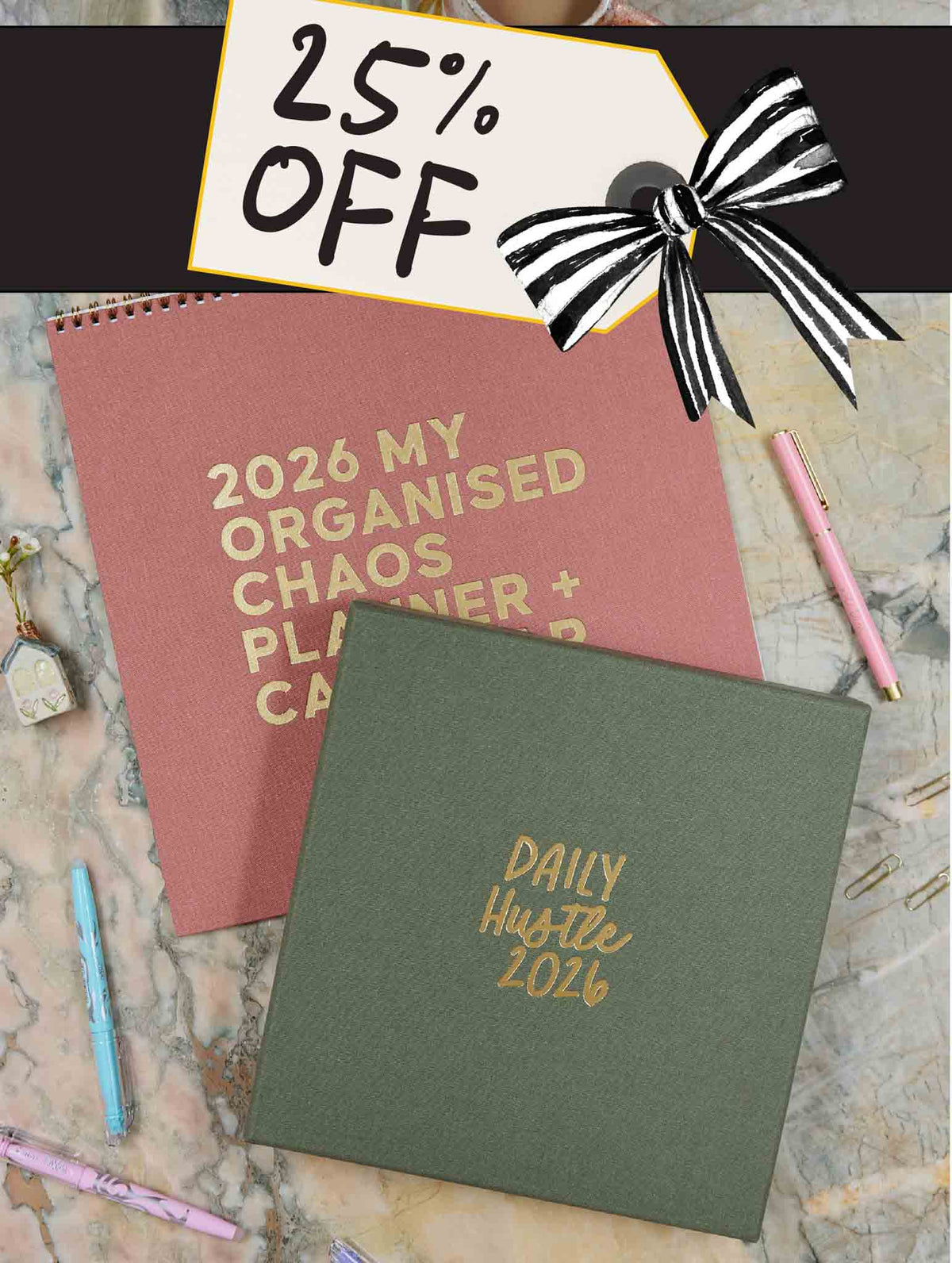 2026 Linen Calendar Rose + Daily Hustle Planner Pistachio