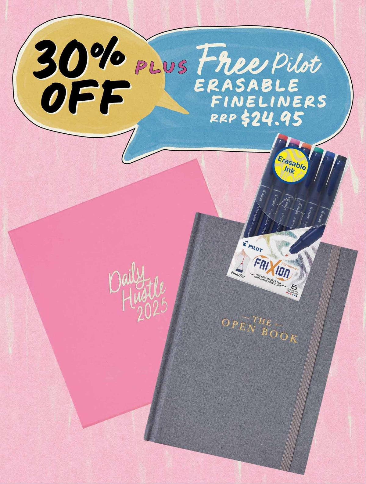 2025 Daily Hustle Planner + Open Book Grey Bundle + FREE PEN PACK!