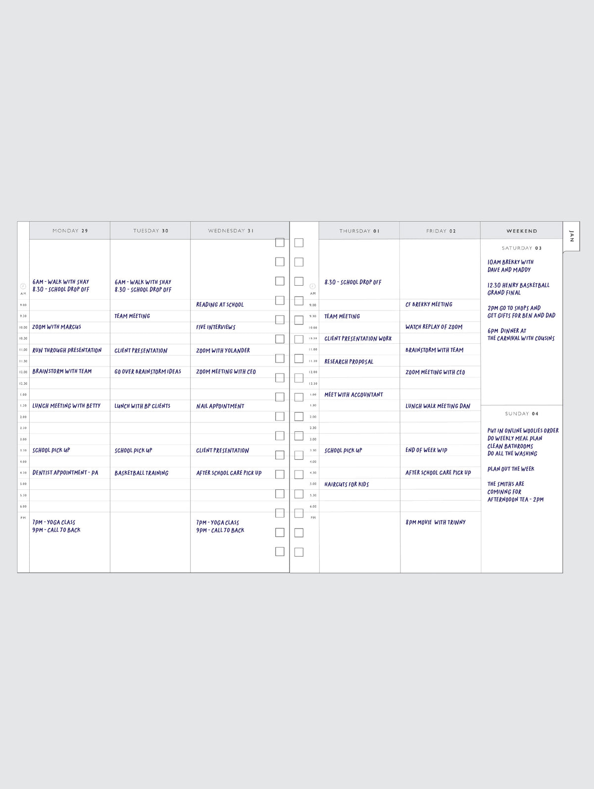 Example of the internal page of the planner showing daily planning with timeslots for one week and on a white background.